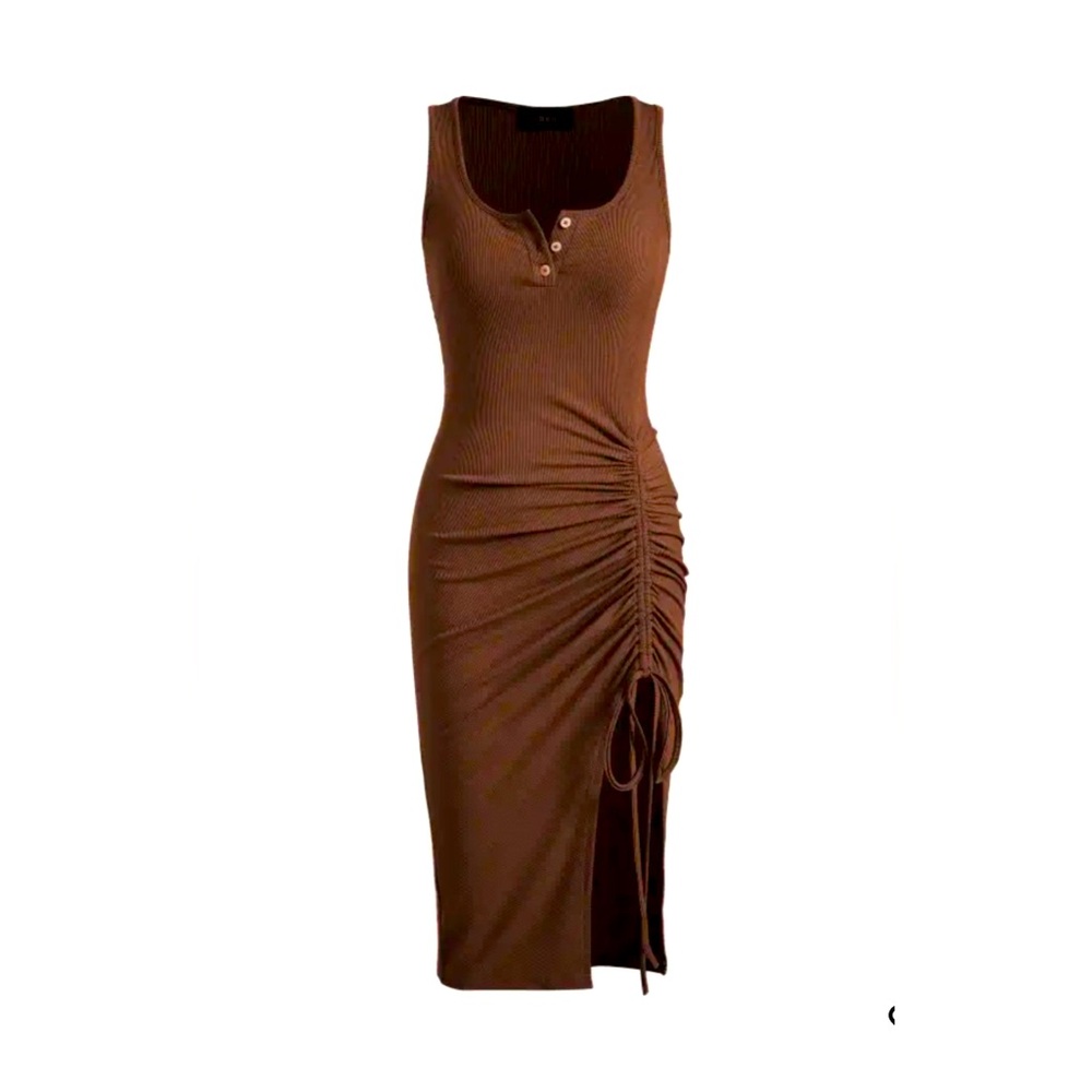Cider Rib Button Drawstring Midi Dress in Brown
